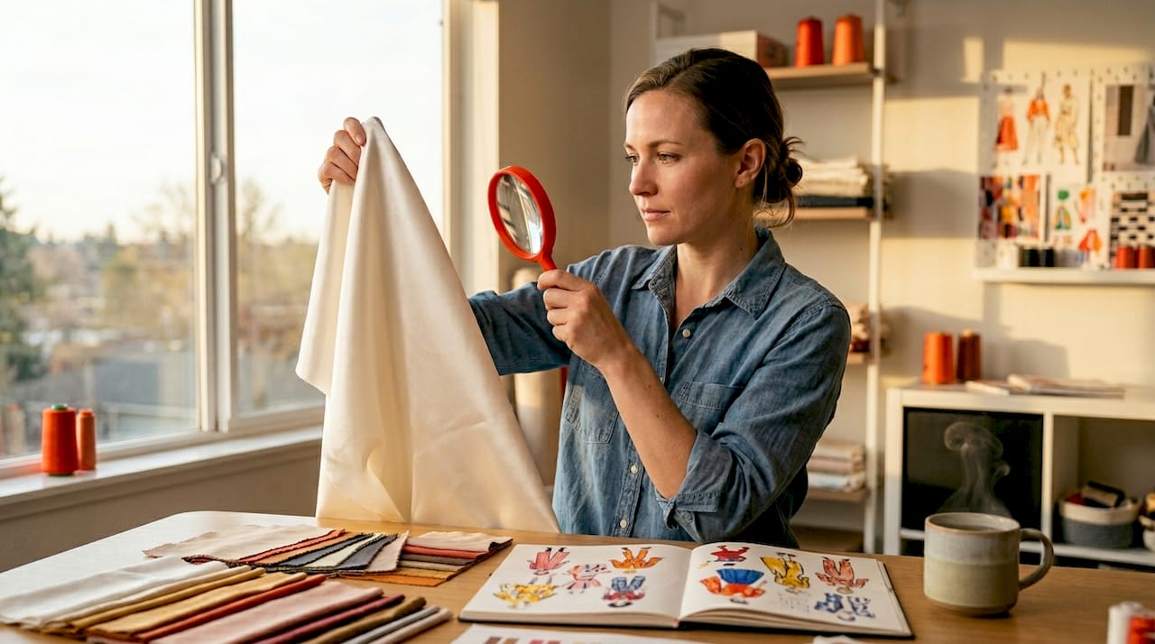 Designer inspecting shiny cotton fabric sample by window