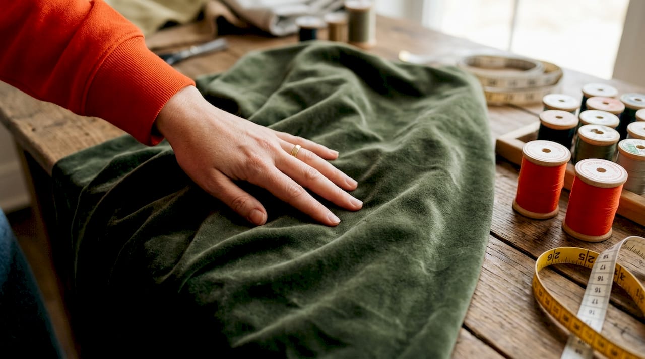 Close-up of hand touching cotton velvet fabric texture