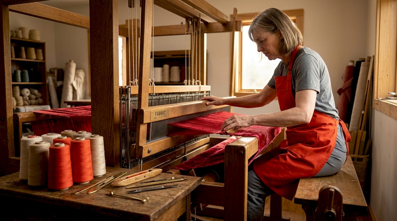 Artisan weaving cotton velvet on loom in workshop
