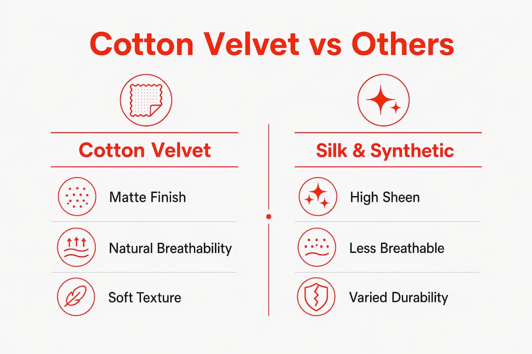 Infographic comparing cotton velvet to silk and synthetic velvet