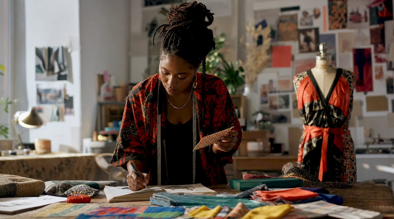 Fashion designer selecting deadstock fabric swatches