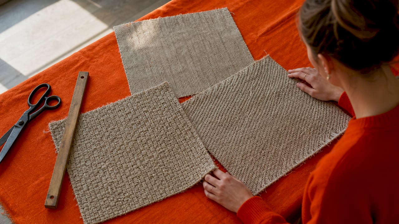 Close-up of three linen weave fabric samples