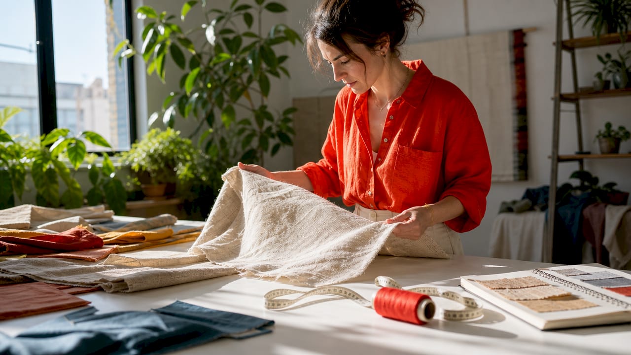 Textile designer examining linen fabric in bright workspace