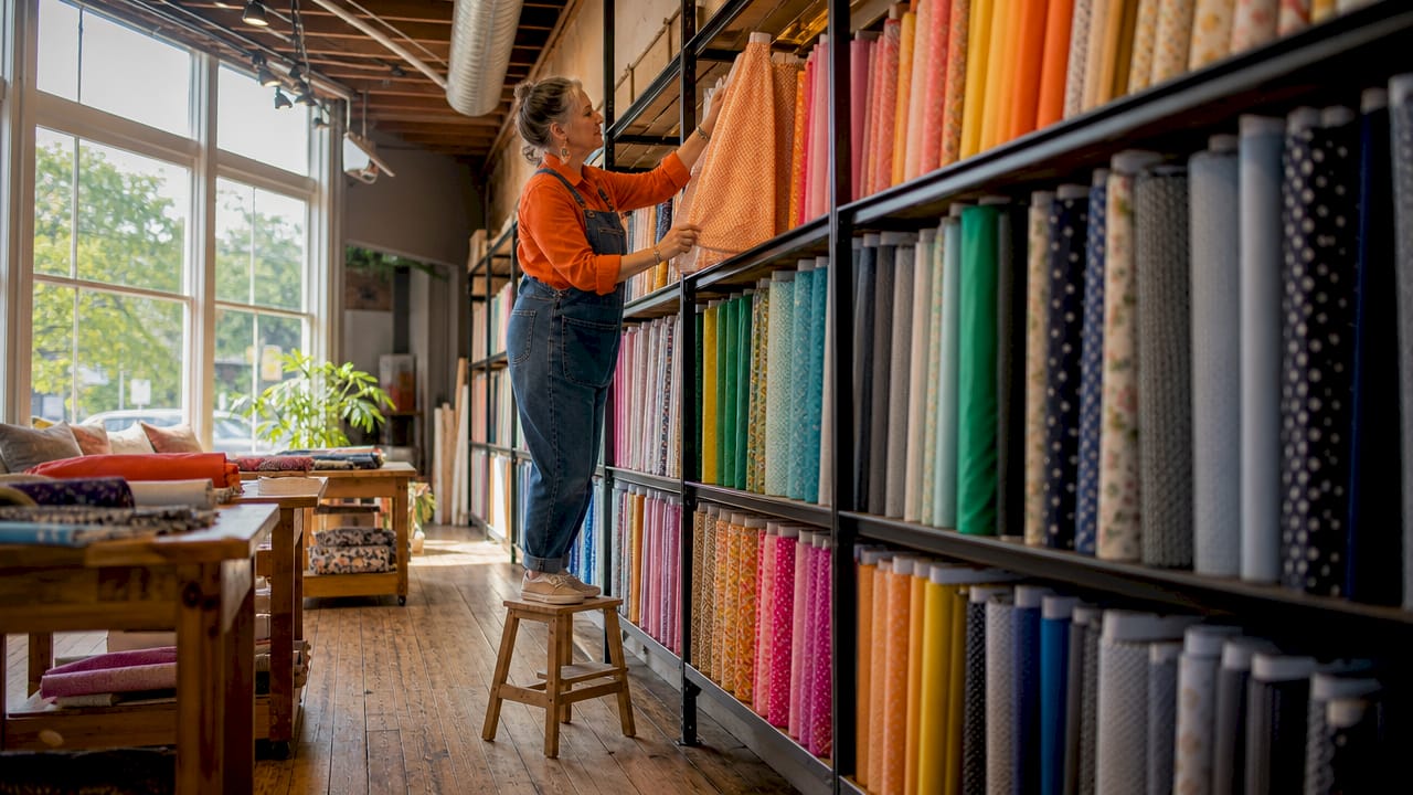 Employee sorting fabric bolts on shelves