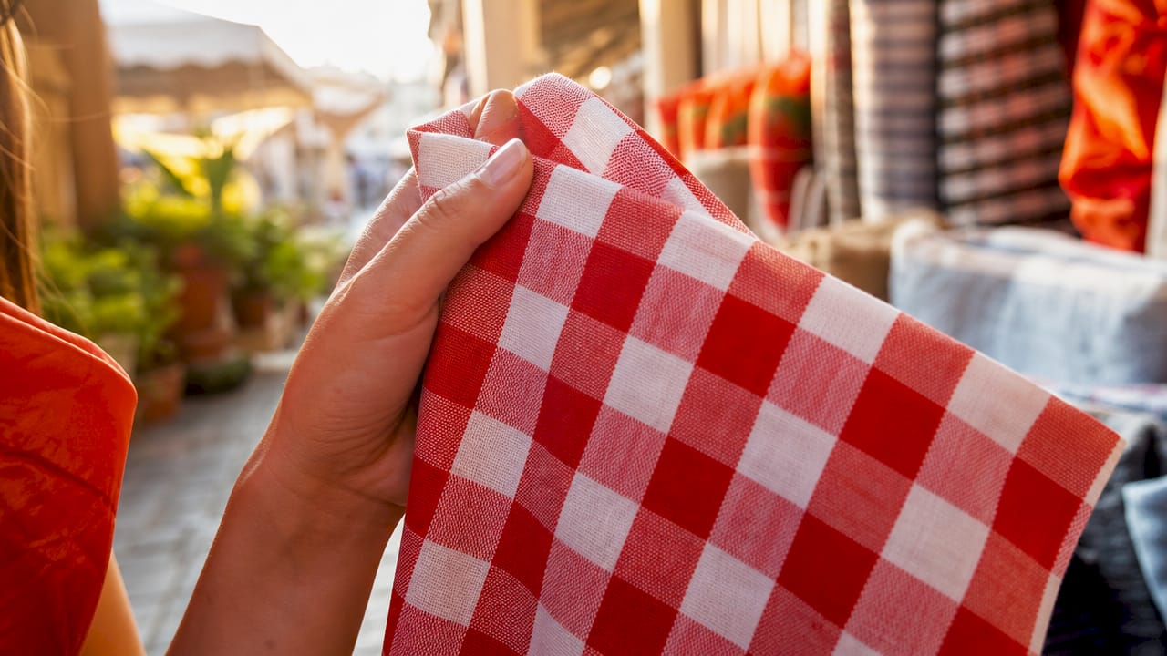 Close-up hand holding red gingham fabric