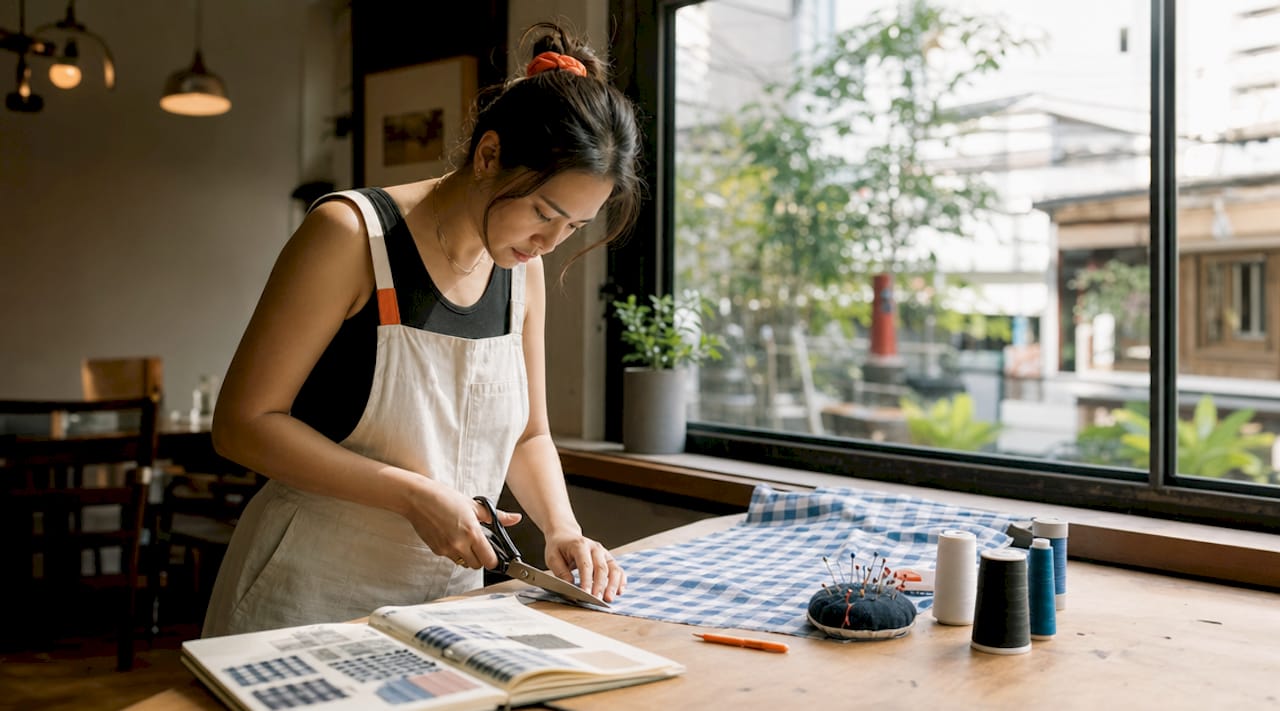Woman crafting with blue gingham fabric