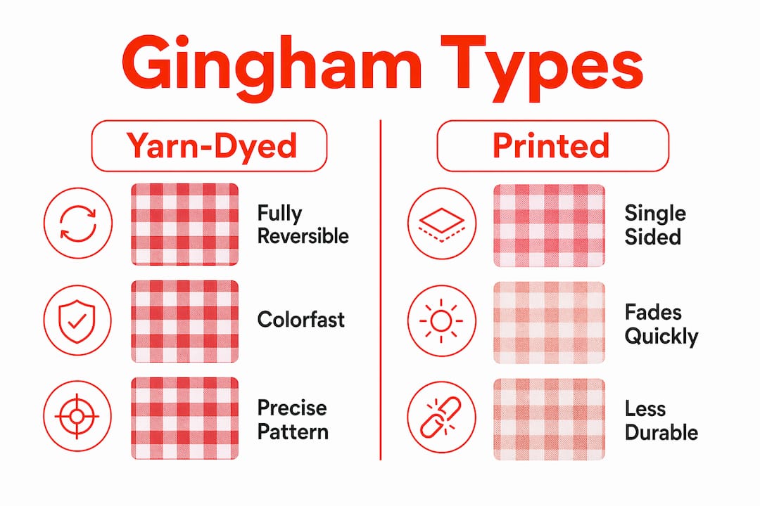 Infographic comparing yarn-dyed and printed gingham fabric