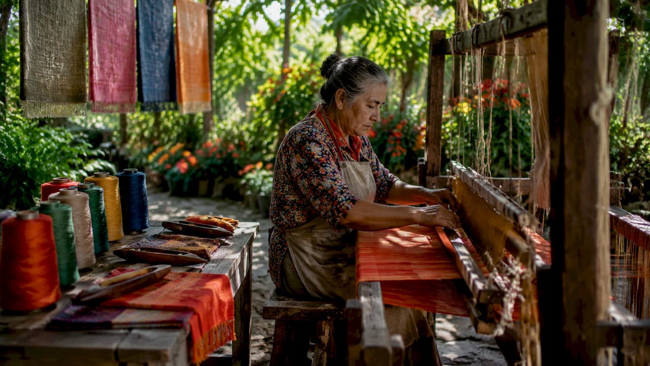 Artisan weaving cotton fabric on handloom