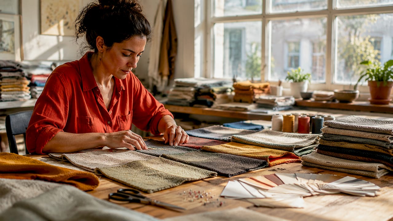 Textile expert comparing chenille fabric blends