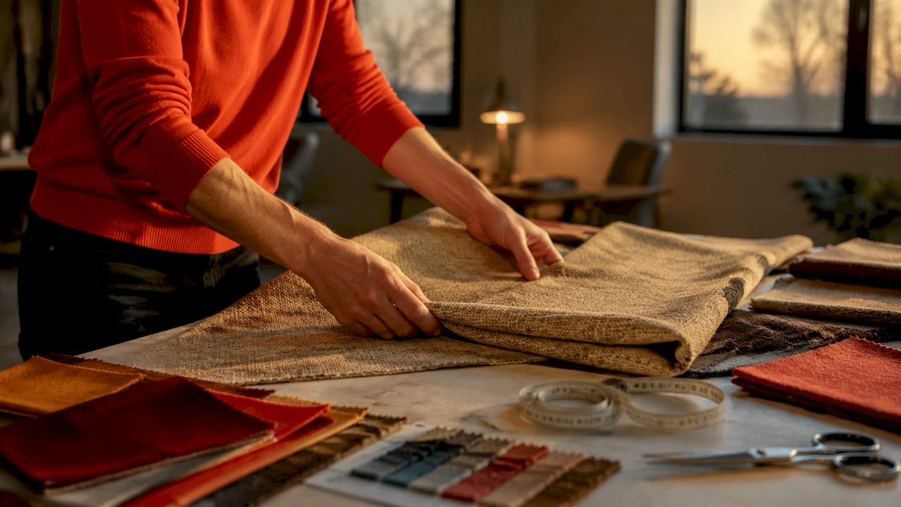 Close-up of hands inspecting chenille fabric texture