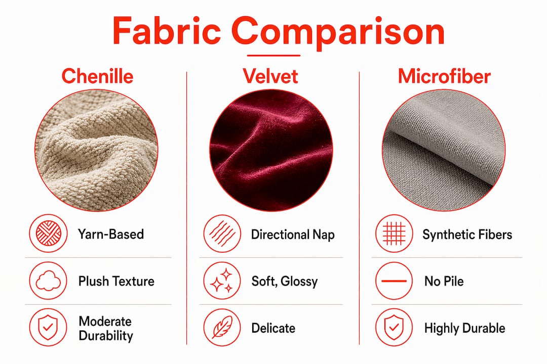 Infographic comparing chenille, velvet, and microfiber upholstery