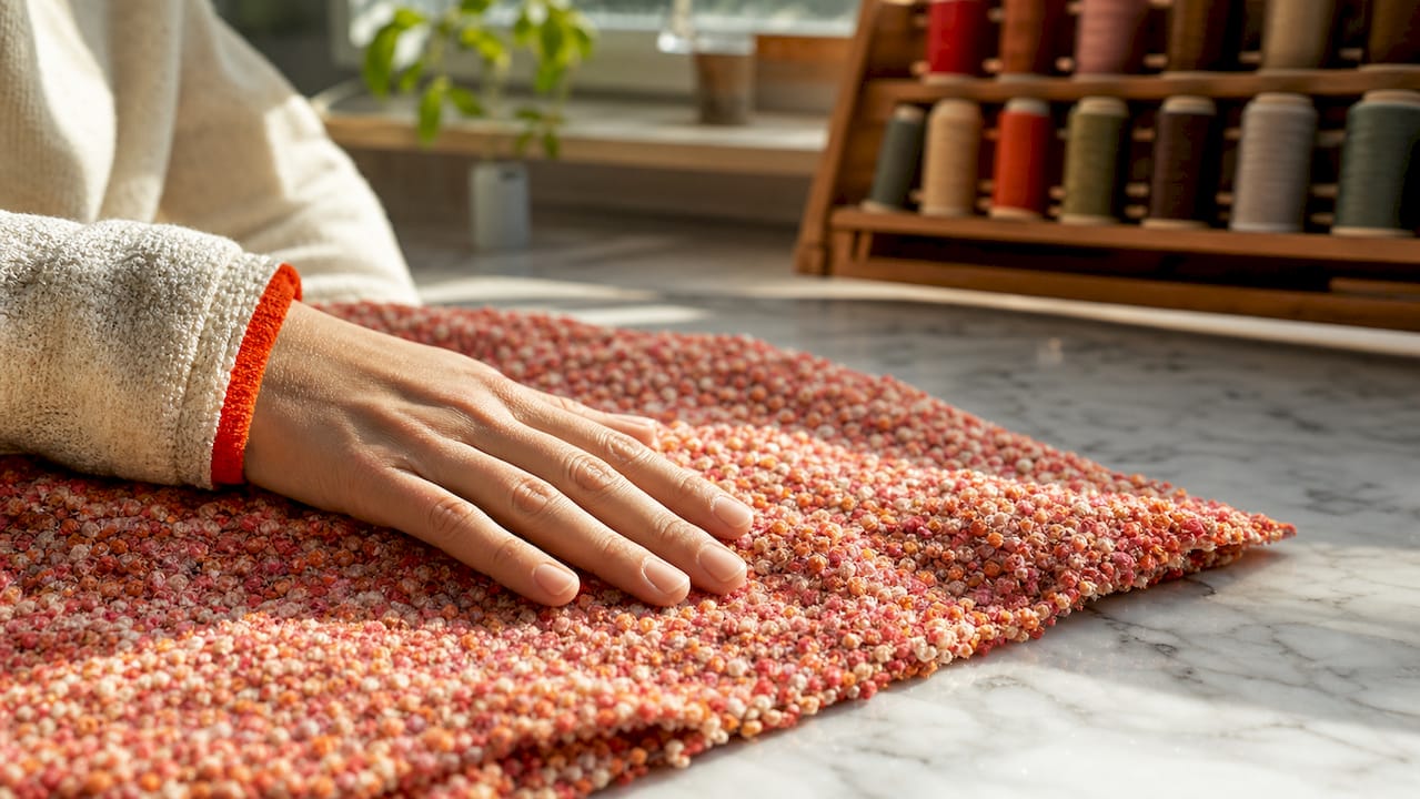 Close-up of hand touching boucle fabric texture