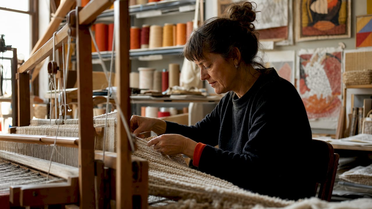 Artisan weaving boucle yarn on loom in studio