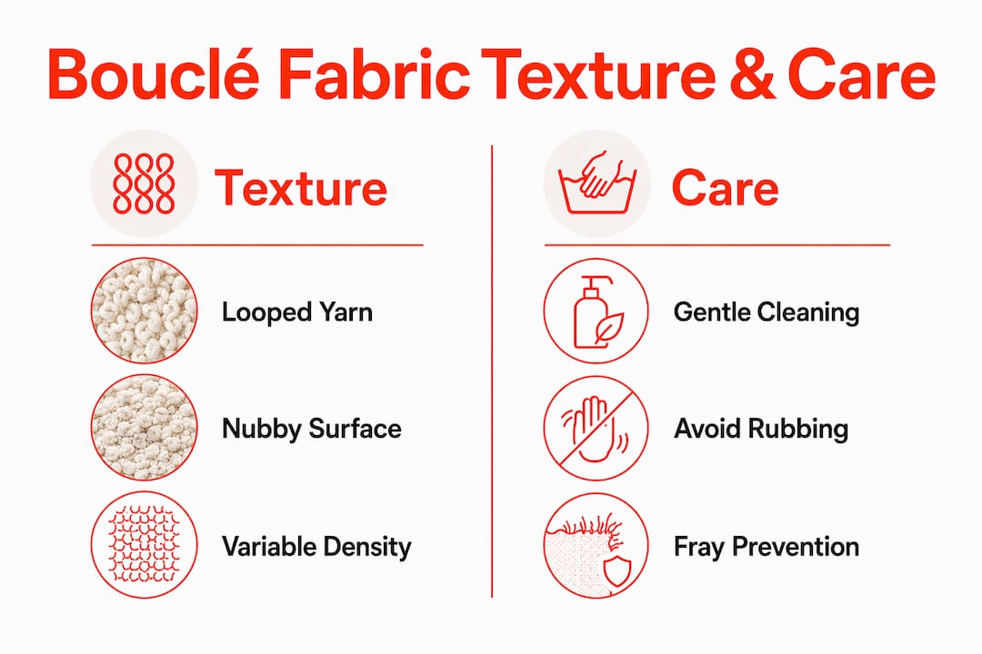 Infographic comparing boucle fabric texture features and care tips
