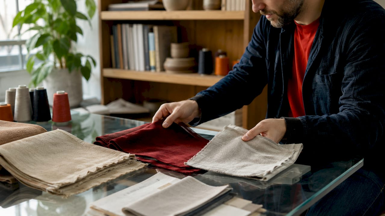 Hands comparing fabric swatches for wallcoverings
