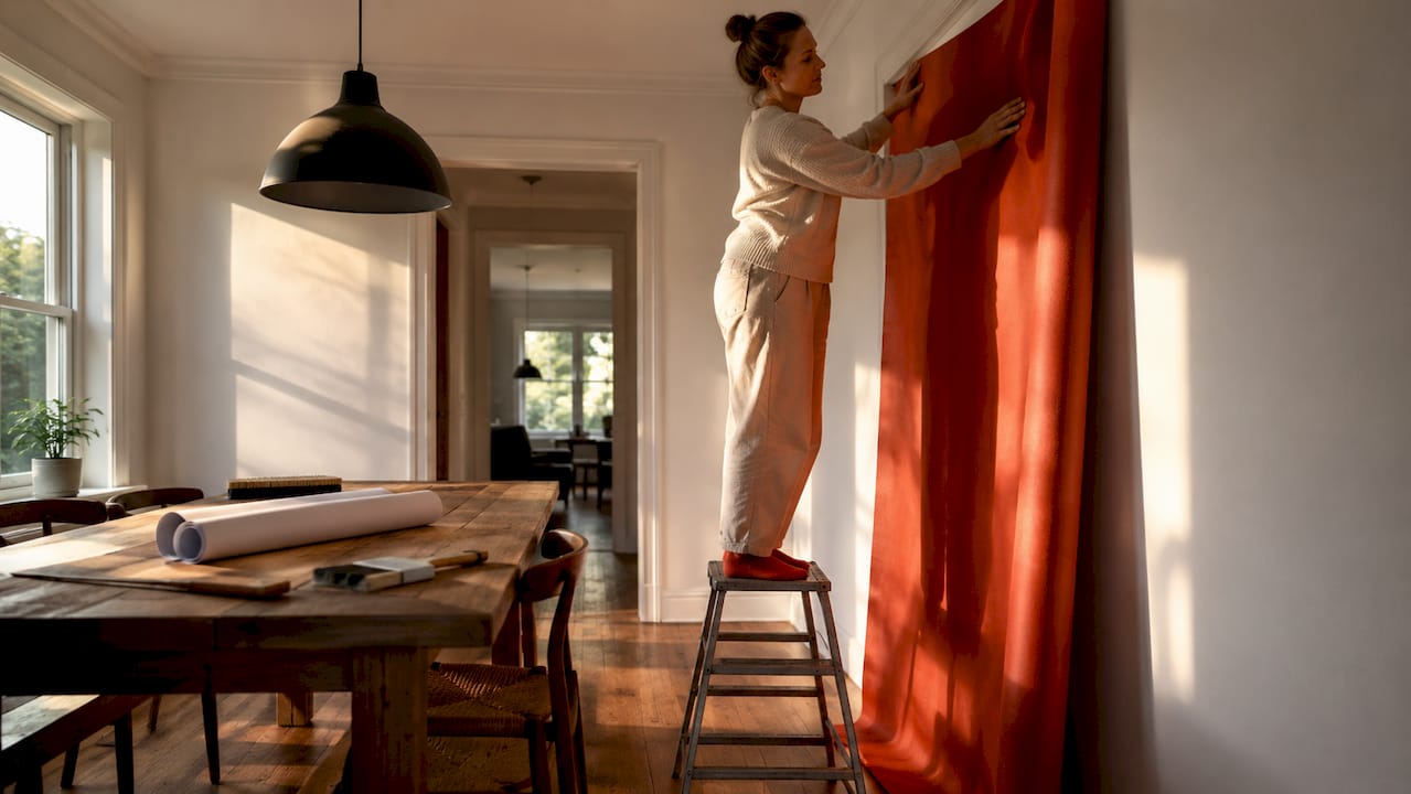 Woman installing fabric wall covering