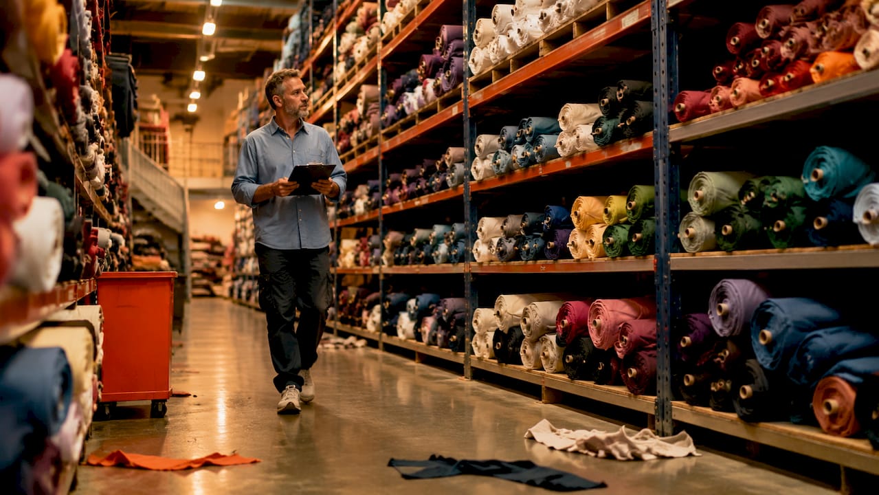 Warehouse worker checking deadstock fabric inventory