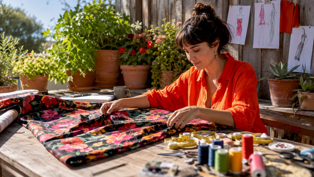 Fashion designer examining deadstock fabric in studio