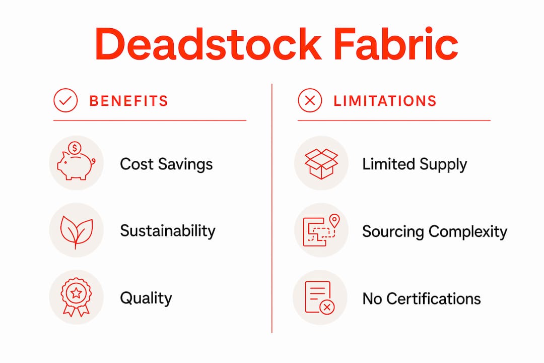 Infographic showing benefits and limitations of deadstock fabric