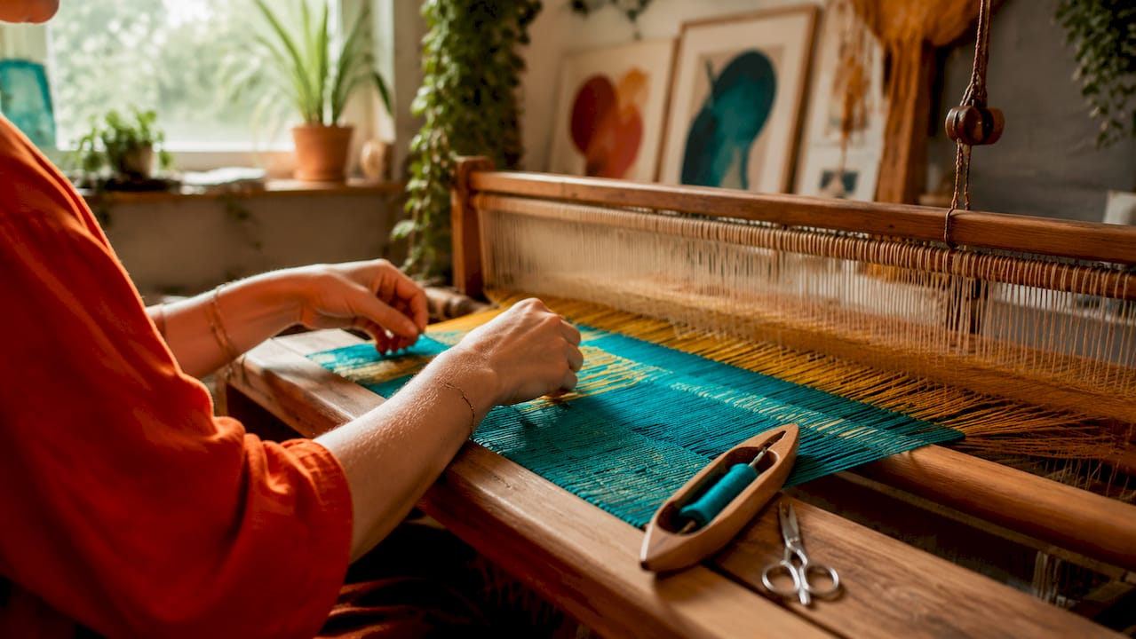 Close-up of yarns interlacing on loom