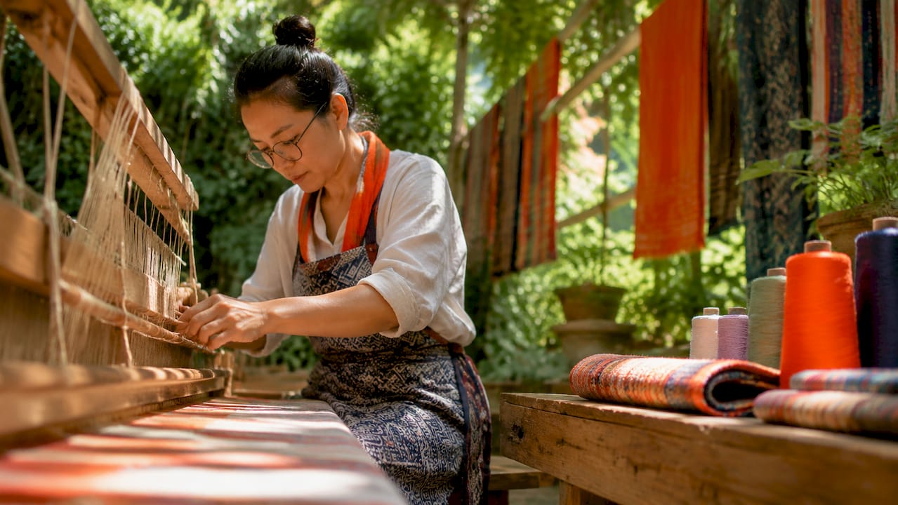 Textile artisan weaving fabric on loom