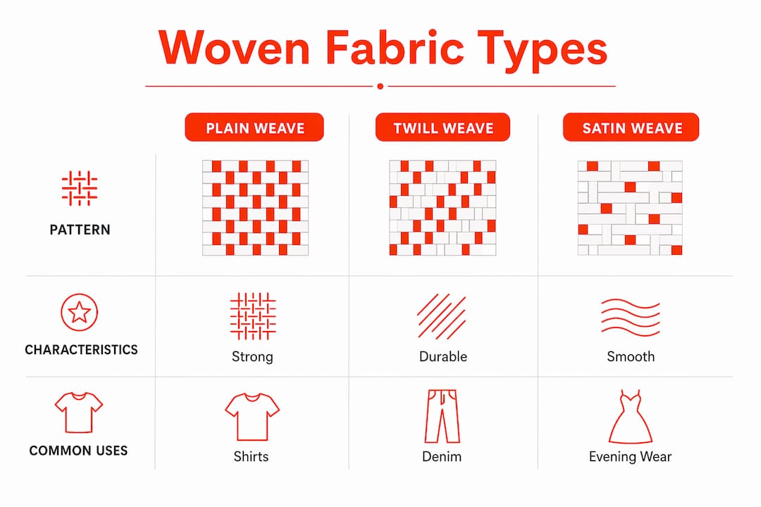 Infographic illustrating main woven fabric types and traits