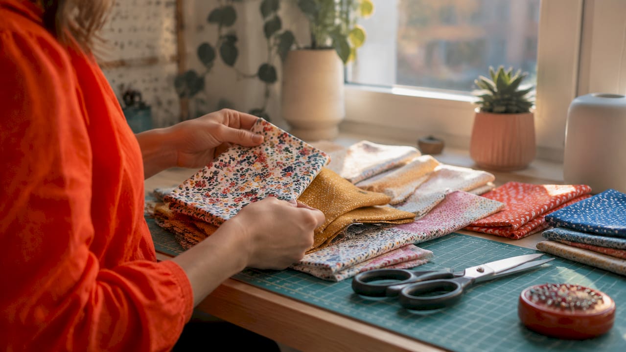 Hands feeling cotton fabric swatches on table