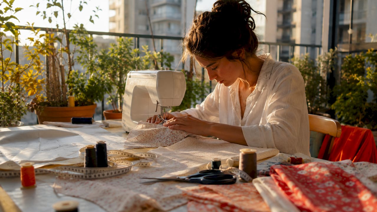 Beginner sewing at home with machine and tools