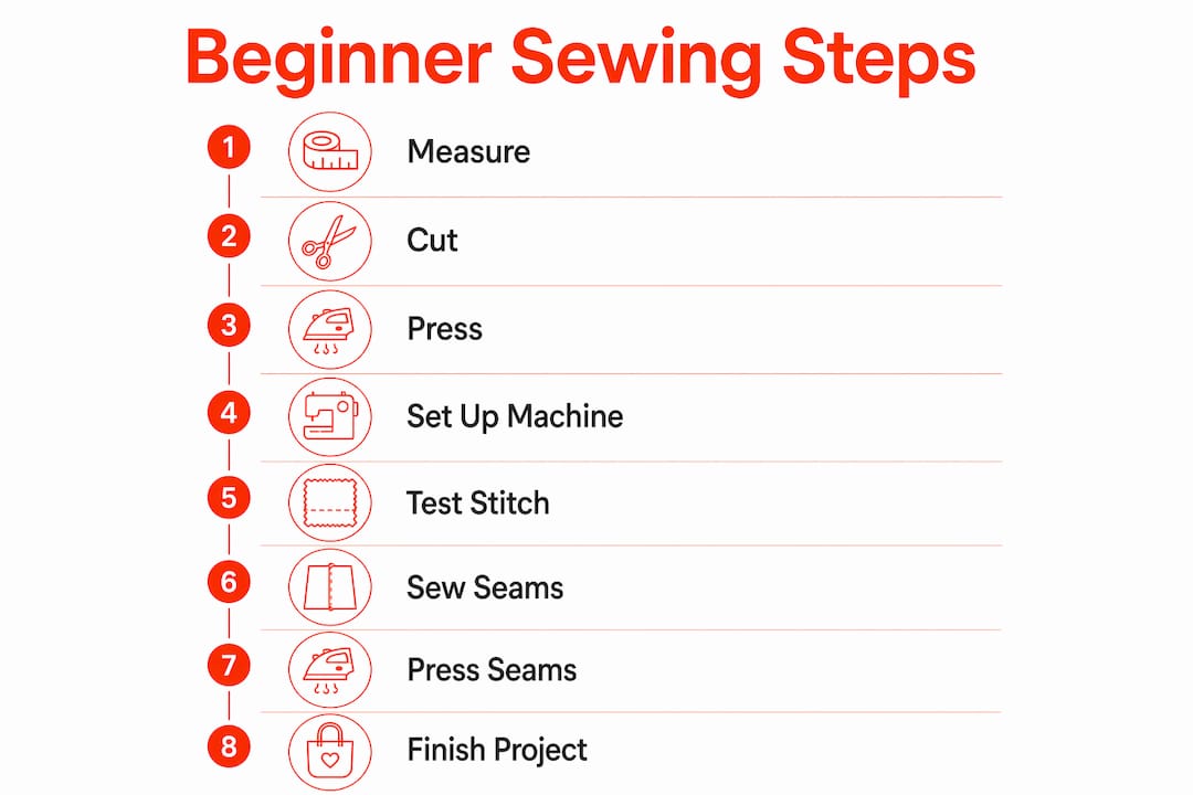 Infographic with step-by-step beginner sewing process