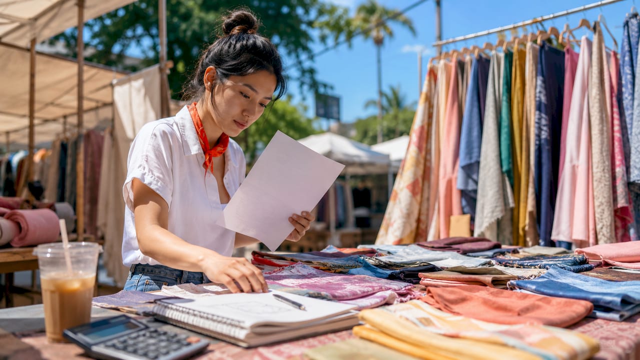 Business owner reviewing wholesale fabric costs