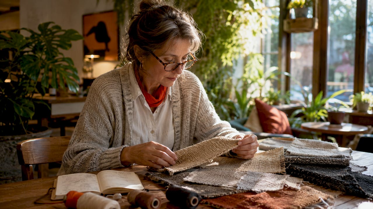 Textile historian examining canvas fabric samples