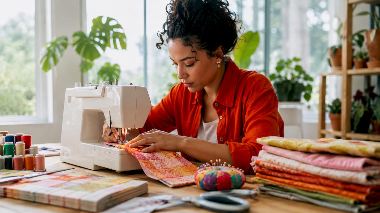 Woman sewing quilting cotton fabric at home