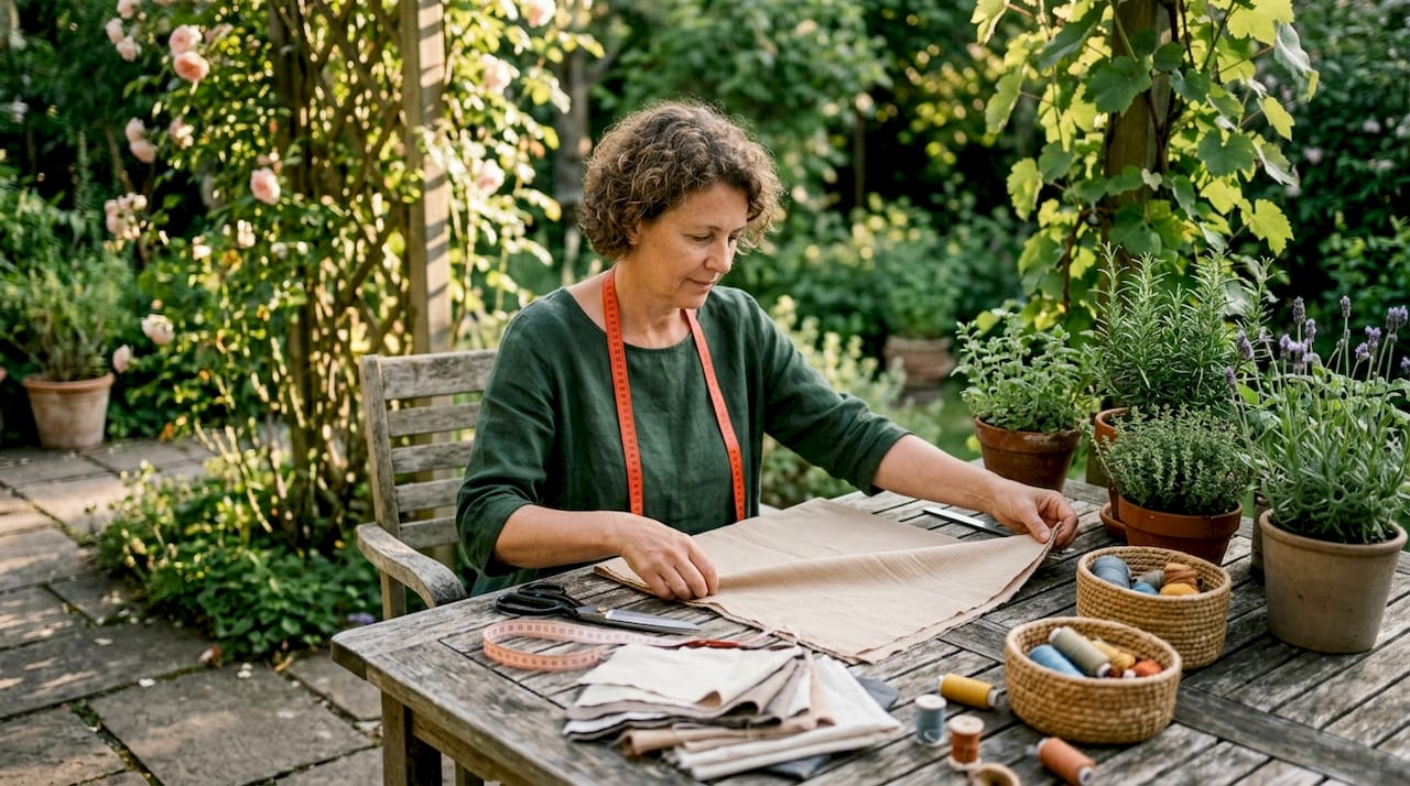 Woman selecting decor fabric at table