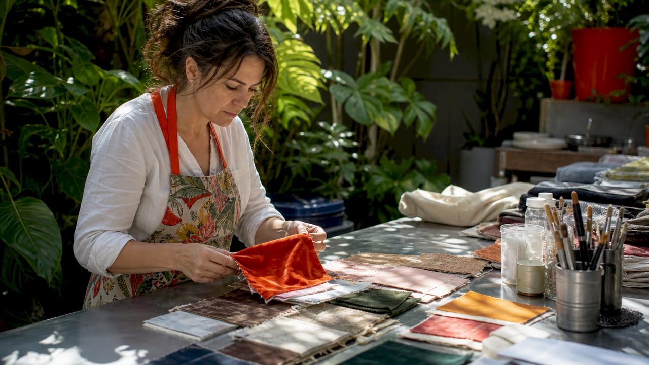 Textile conservator sorting fabric swatches