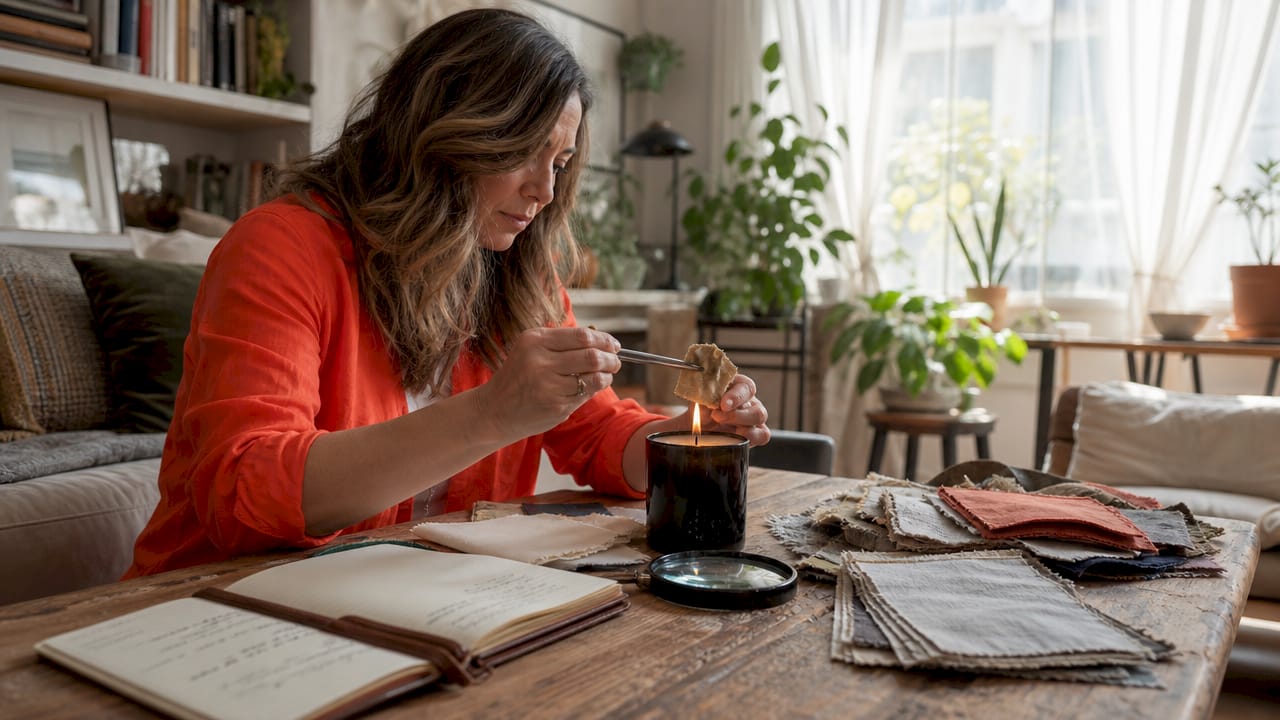 Woman testing fabric samples with flame