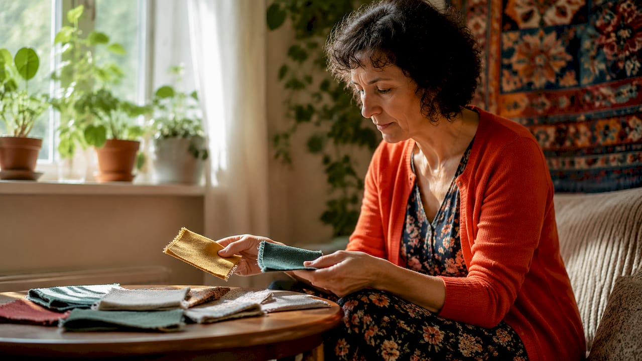 Crafter comparing different fabric swatches on table