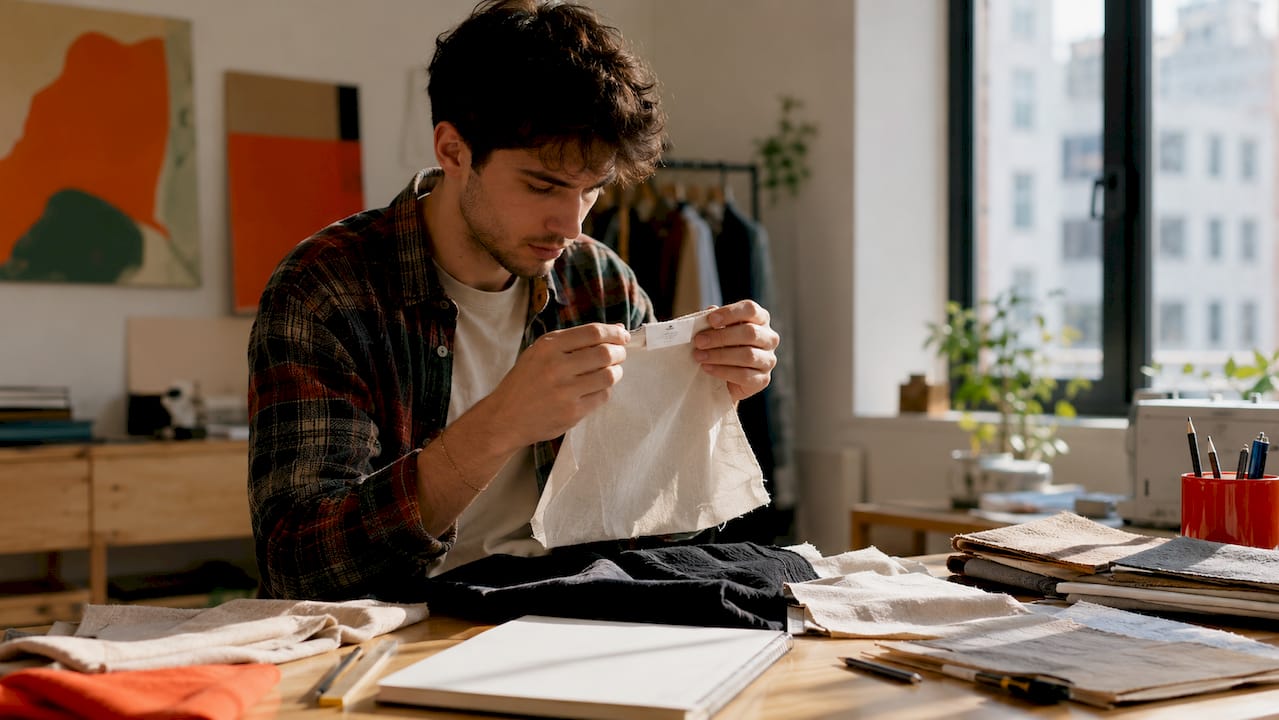 Hands reading fiber content label on fabric