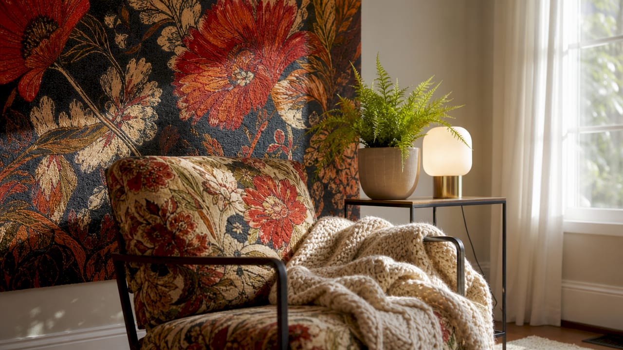 Cozy living room with tapestry wall hanging and armchair