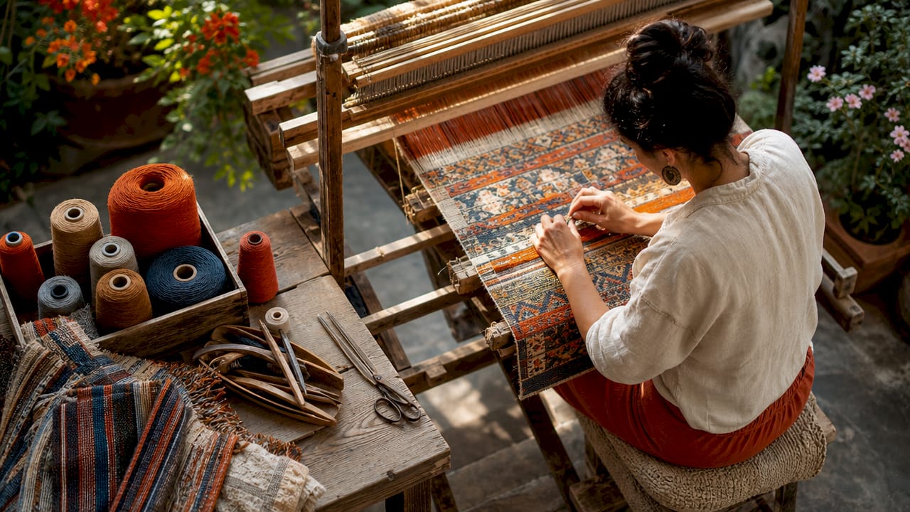 Textile artisan weaving tapestry fabric on jacquard loom