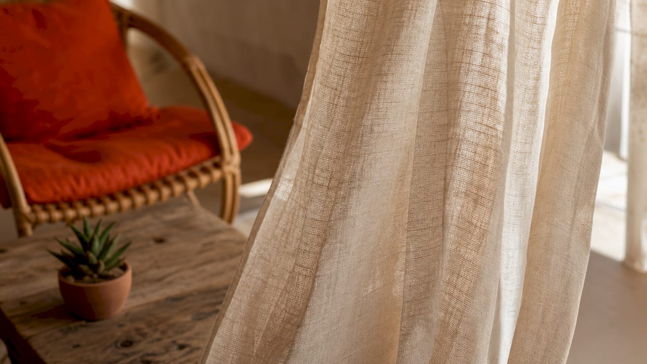 Close-up of linen curtain fabric texture