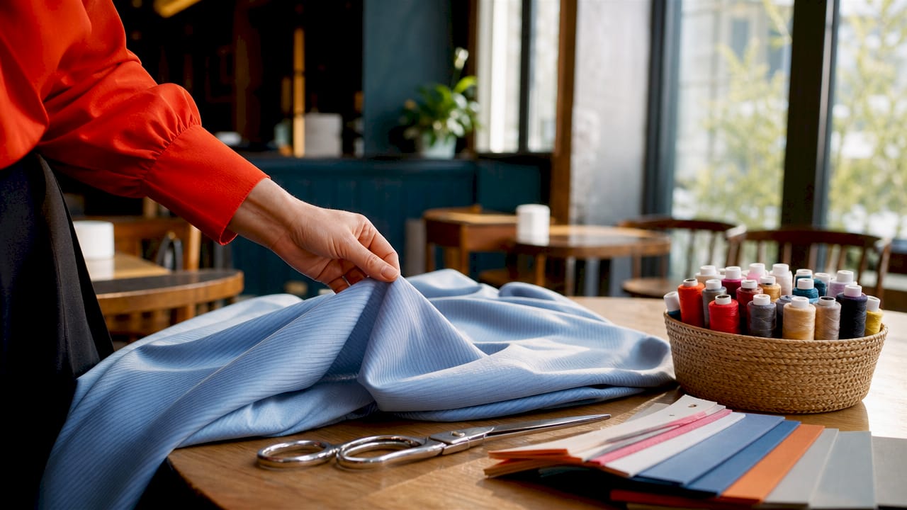 Hand touching cotton poplin fabric close up