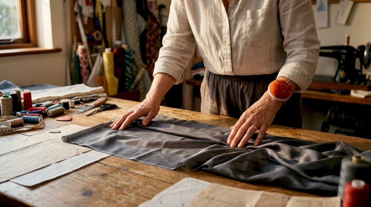 Close-up of tailor smoothing rayon fabric on table