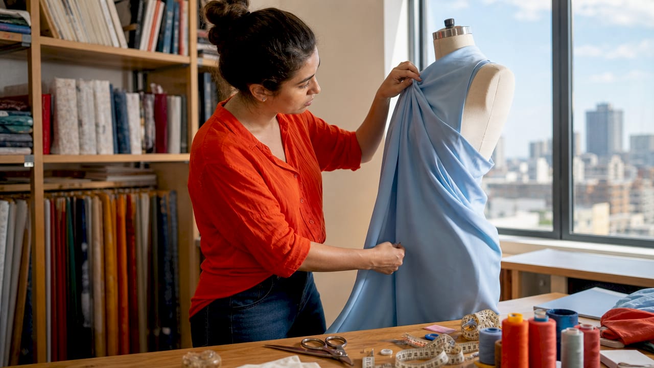 Female crafter handling rayon fabric in home studio