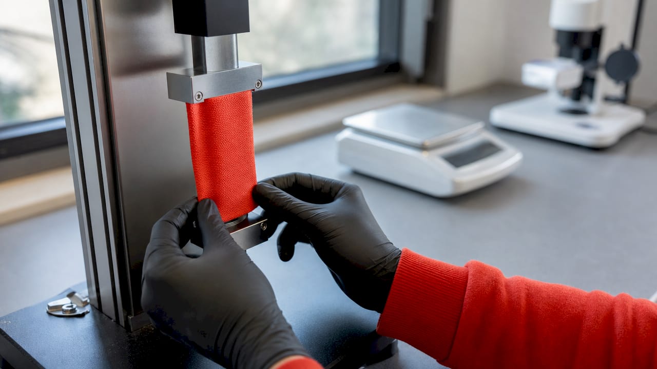 Hands holding polyester fabric in lab testing setup