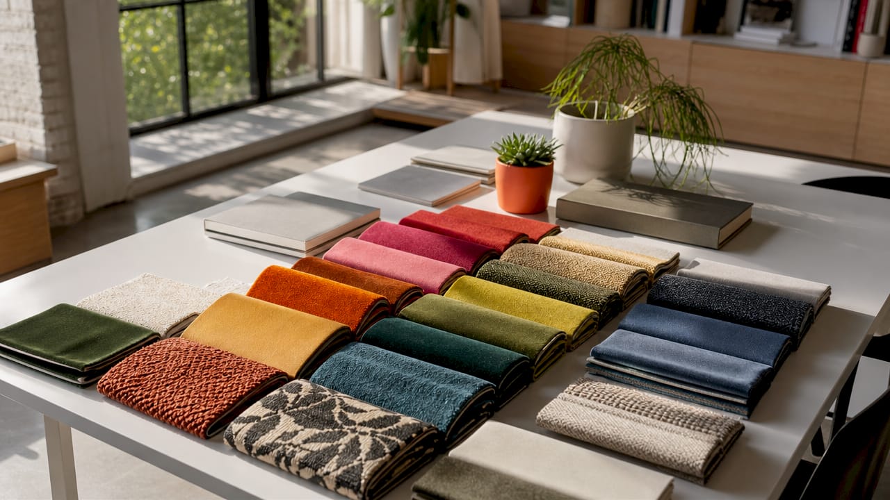Assorted upholstery fabric swatches on wood surface