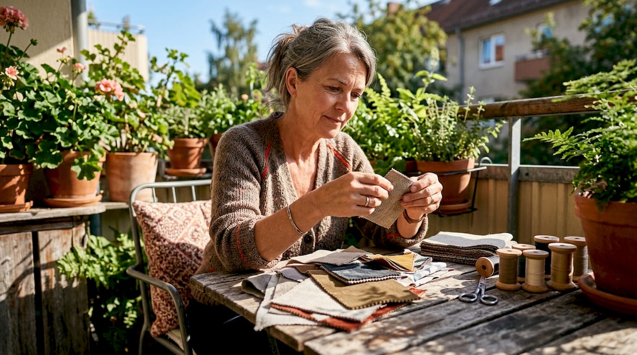 Woman selecting fabrics for chair upholstery