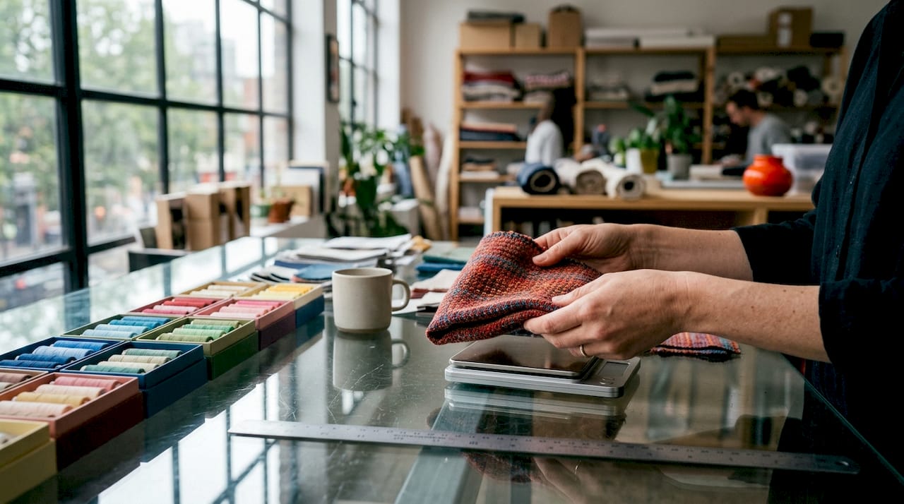 Hands measuring fabric weight with tools overhead