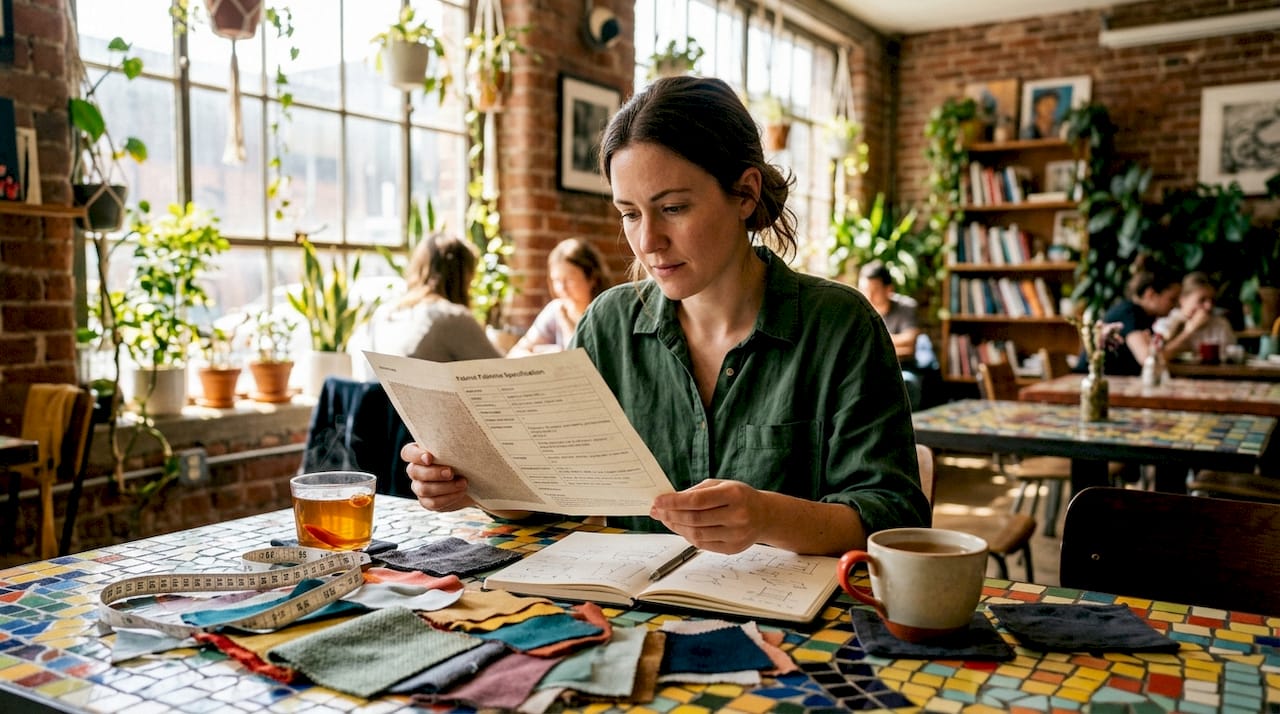 Crafter reading fabric specification sheet at table