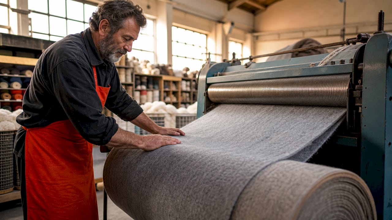 Craftsman operating fabric napping machine with rollers