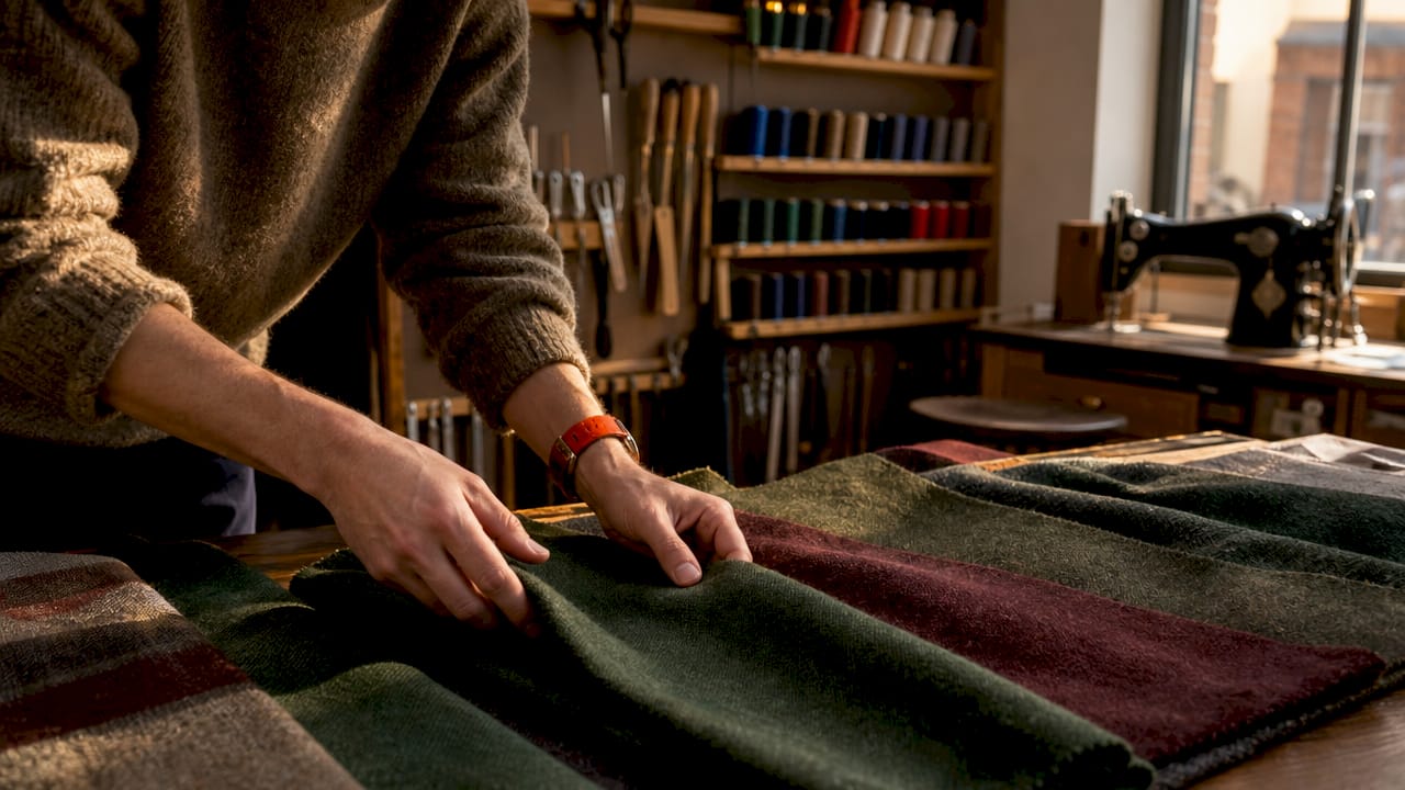 Close-up of cotton and wool flannel fabric swatches on tailoring table
